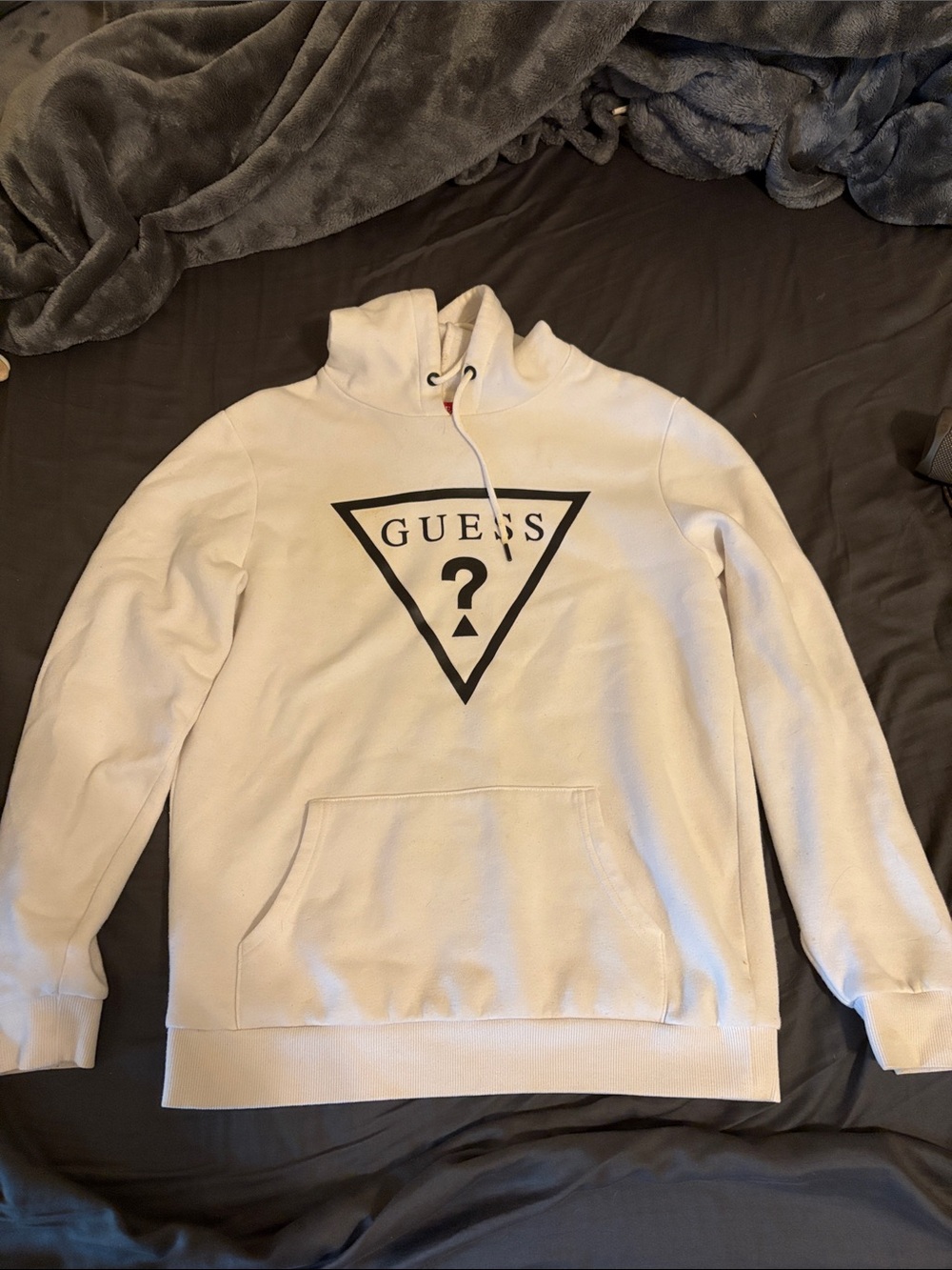 GUESS White Pullover Hoodie with Black Triangle Logo
